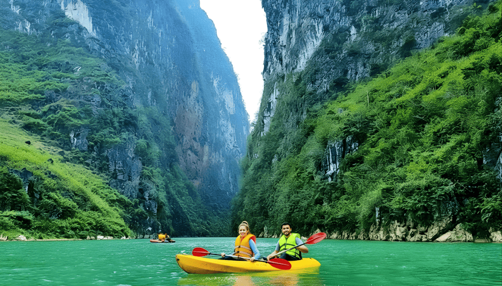 Experience the thrill of kayaking through the stunning emerald waters of the Nho Que River